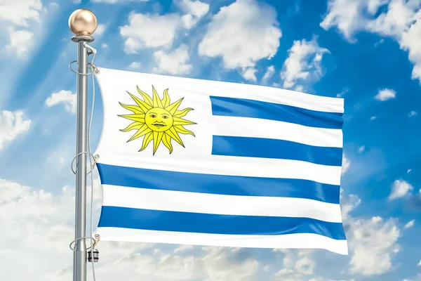 Bandera de Uruguay ondeando en el cielo azul nublado, representación 3D — Foto de Stock