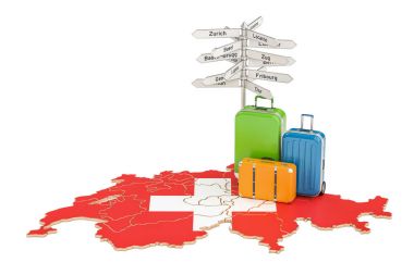 İsviçre seyahat kavramı. Bavul tabelasını İsviçre haritası üzerindeki ile