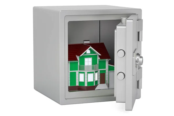 Casa dentro de uma caixa segura. Conceito de segurança e proteção da casa, 3D — Fotografia de Stock