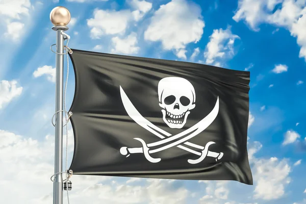 Piraterij vlag zwaaien in blauwe bewolkte hemel, 3D-rendering — Stockfoto