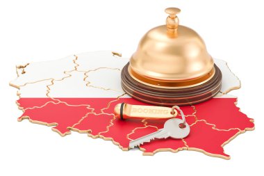 Polonya rezervasyon kavramı. Otel anahtarı ve Resepsiyon ile Polonya bayrağı