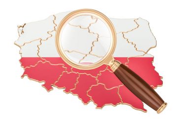 Büyüteç camı, analiz kavramı, 3d render altında Polonya