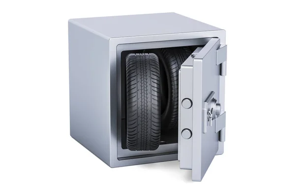 Ruedas de coche dentro de caja de seguridad, renderizado 3D — Foto de Stock