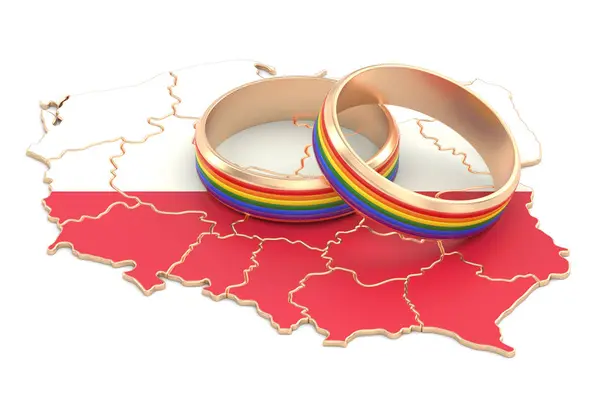 Польська карта з ЛГБТ веселка кільцями, 3d-рендерінг — стокове фото