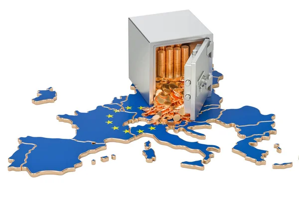 Caja de seguridad con monedas de oro en el mapa de Unión Europea, 3D rend — Foto de Stock