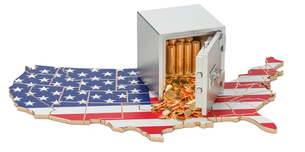 กล่องเซฟที่มีเหรียญทองบนแผนที่ของสหรัฐอเมริกา, 3D rendering — ภาพถ่ายสต็อก