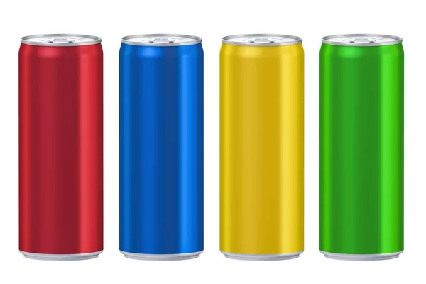 Zestaw metalowych puszek do napojów kolorowych, renderowania 3d — Zdjęcie stockowe
