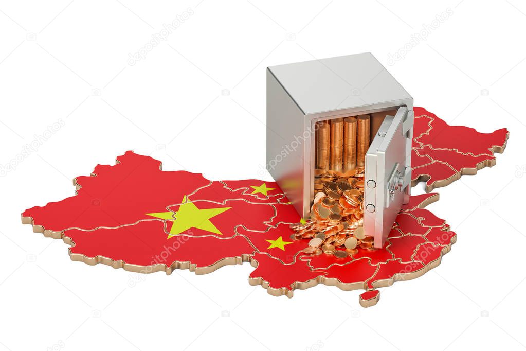 Safe box with golden coins on the map of China, 3D rendering