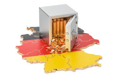 Almanya, güvenlik Kasası harita üzerinde altın sikke ile 3d render