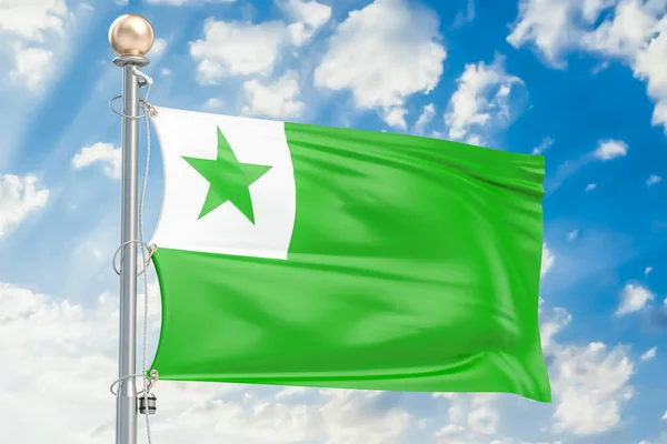 Bandeira esperanto acenando no céu azul nublado, renderização 3D — Fotografia de Stock