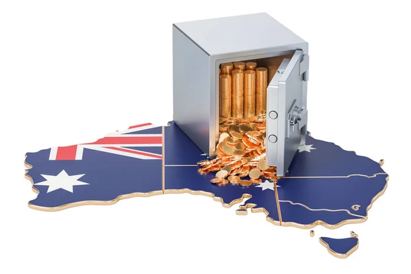 Caja de seguridad con monedas de oro en el mapa de Australia, representación 3D — Foto de Stock
