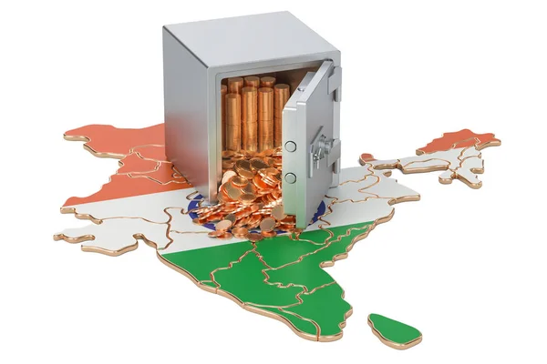 Caja de seguridad con monedas de oro en el mapa de India, representación 3D —  Fotos de Stock