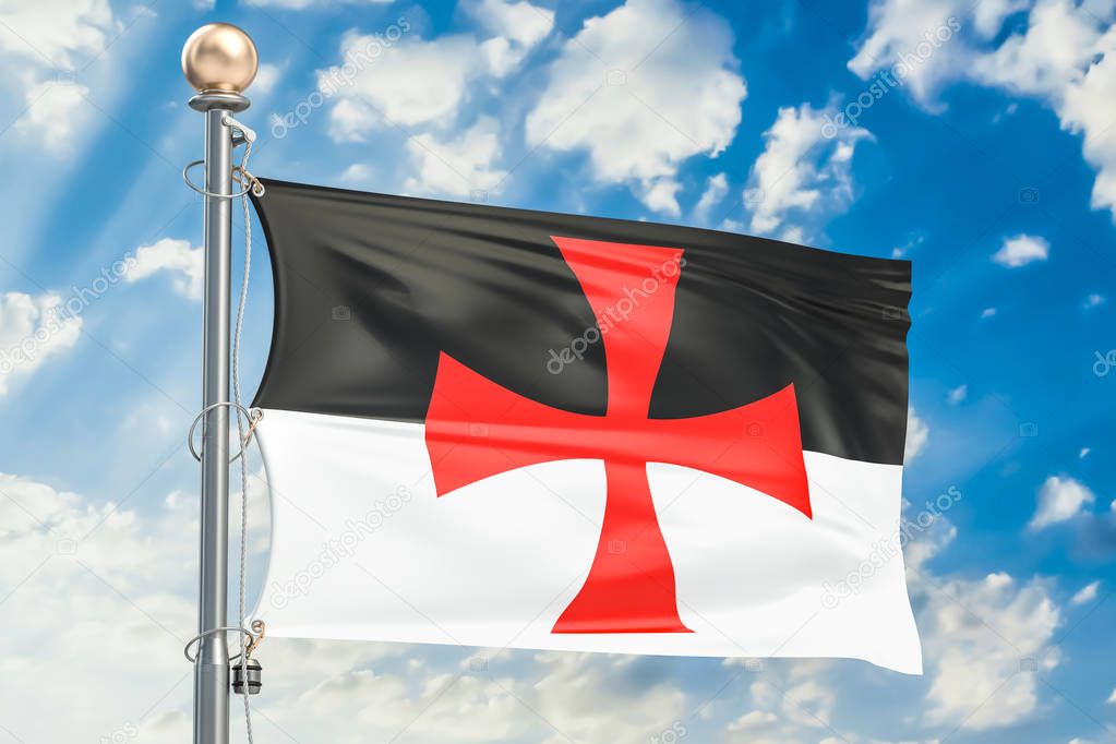 Templar knight flag waving in blue cloudy sky, 3D rendering