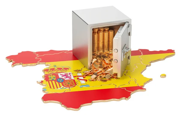 Värdeskåp med gyllene mynt på kartan Spanien, 3d-rendering — Stockfoto