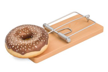Şeker bağımlılığı kavramı. Fare kapanı, 3d render çikolatalı çörek
