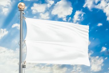 White flag waving in blue cloudy sky, 3D rendering clipart