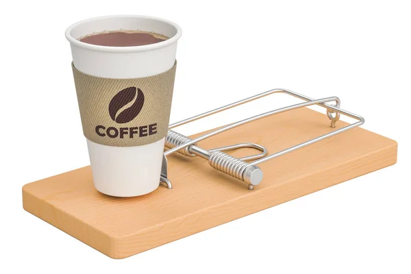 Cafeïne afhankelijkheid concept. Wegwerp kopje koffie in mousetr — Stockfoto