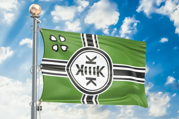 КЭК прапор Kekistan розмахуючи в Синє небо хмарно, 3d-рендерінг — стокове фото