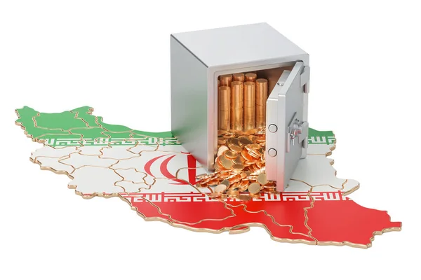 Caja de seguridad con monedas de oro en el mapa de Irán, representación 3D — Foto de Stock