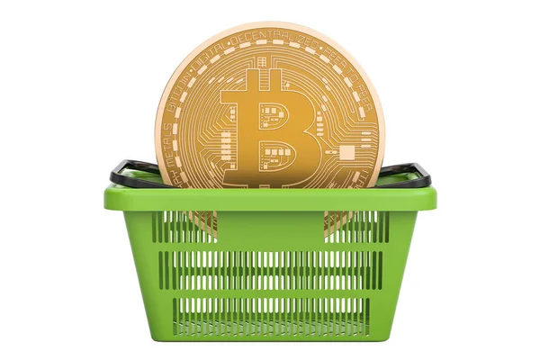 Shopping basket with bitcoin, 3D rendering — Stock Photo, Image