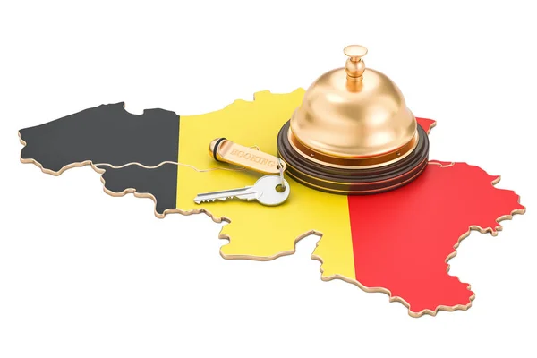 Koncepcja rezerwacji w Belgii. Banderą belgijską z kluczy hotelowych i odbioru — Zdjęcie stockowe