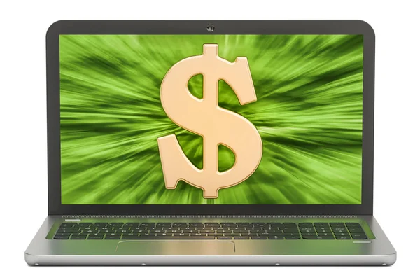 Δολάριο σύμβολο στην οθόνη του φορητού υπολογιστή, κάνει χρήματα έννοια. 3D re — Φωτογραφία Αρχείου