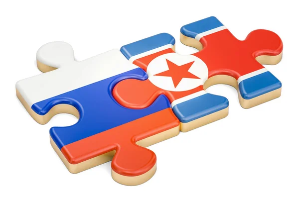Corea del Norte y Rusia rompecabezas de banderas, representación 3D —  Fotos de Stock