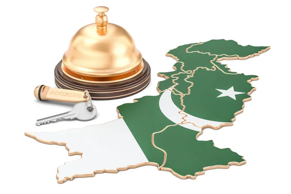Conceito de reserva Paquistão. Bandeira paquistanesa com chave de hotel e rece — Fotografia de Stock