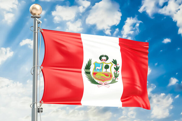 Флаг Перу, размахивающий в голубом облачном небе, 3D рендеринг
