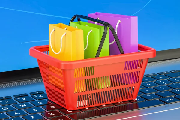 Concepto de compras en línea en el teclado del ordenador portátil, 3D renderin — Foto de Stock