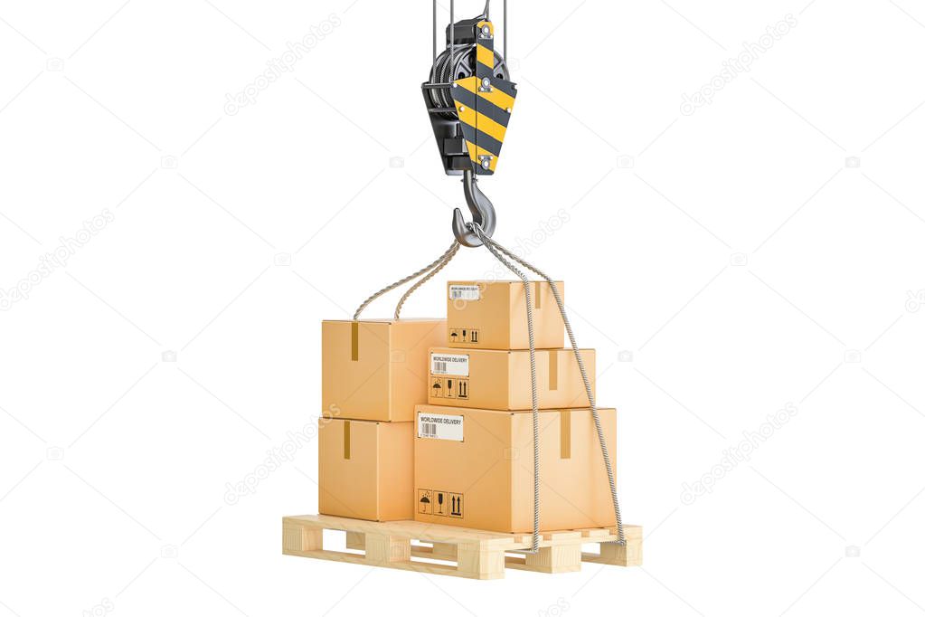 Wooden pallet with parcels hanging on the crane hook. Shipping a