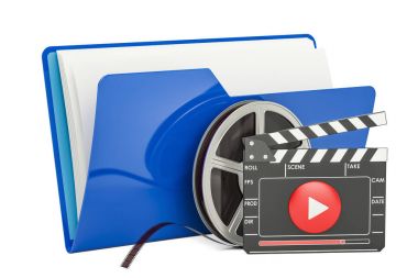 Mavi bilgisayar klasör simgesi film reel ve Klaket, 3d re