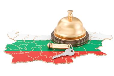 Bulgaristan rezervasyon kavramı. Otel anahtarı ve rece Bulgar bayrak