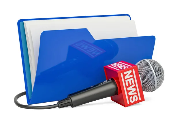 Blue computer folder icon with microphone news, 3D rendering — Stock Photo, Image