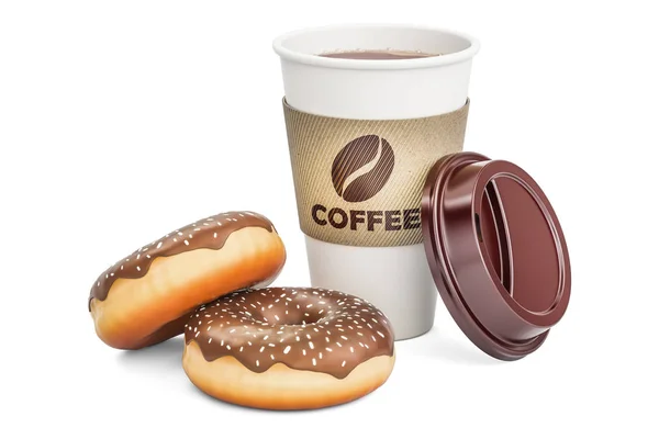 Tek kullanımlık fincan çikolatalı donuts, 3d render ile kahve — Stok fotoğraf