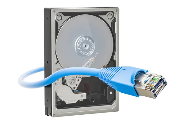 Sabit Disk Sürücü Hdd ile lan internet kablosu, 3d render — Stok fotoğraf