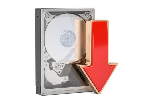 赤い矢印のダウンロード データの概念、3 d レンとハード ディスク ドライブ Hdd — ストック写真