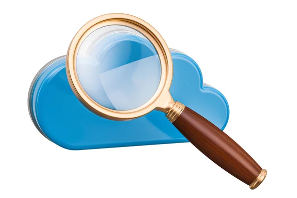 Komputer chmura z lupą. Szukaj w cloud computing, 3d ren — Zdjęcie stockowe
