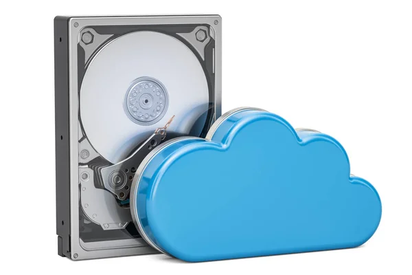 Жесткий диск жесткого диска с вычислительным облаком. Концепция хранения, 3D re — стоковое фото