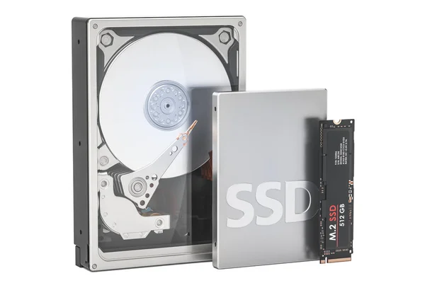 Unidad de estado sólido SSD, unidad de disco duro HDD y SSD M2, renderizado 3D — Foto de Stock