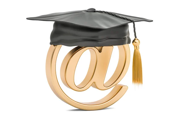 Znak e-maila z graduacyjnej kapelusz, renderowania 3d — Zdjęcie stockowe