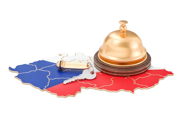 Tjeckien bokning koncept. Flagga med hotel nyckel och dessut — Stockfoto