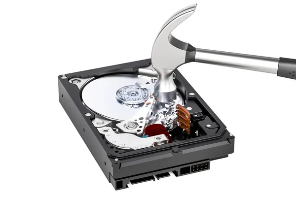 Pevný disk Hdd s kladivem, ničící pevný disk. 3D vykreslování — Stock fotografie