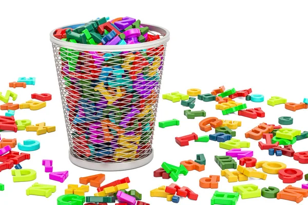Papelera llena de letras de colores, representación 3D — Foto de Stock