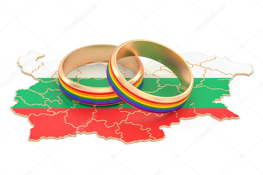Bulgarian map with LGBT rainbow rings, 3D rendering