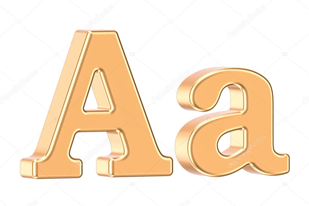 English golden letter A, 3D rendering isolated on white background