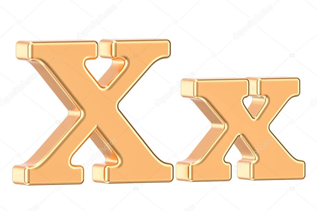 English golden letter X with serifs, 3D rendering