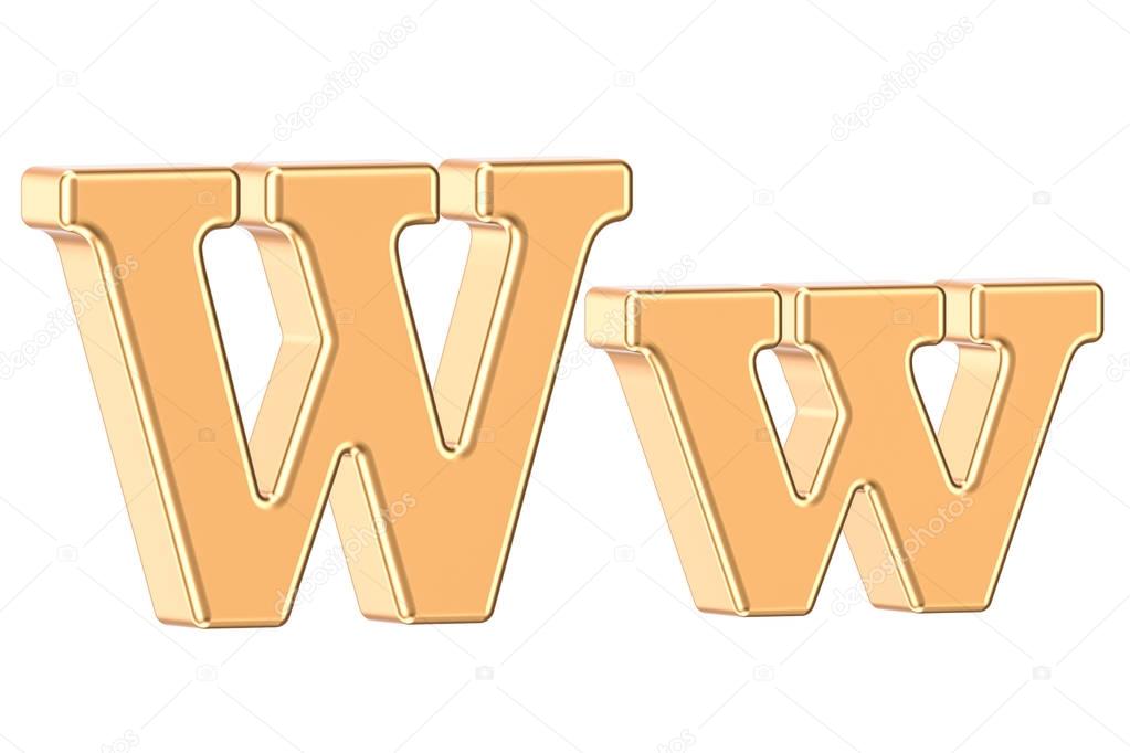 English golden letter W with serifs, 3D rendering