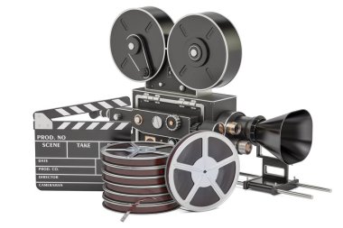Sinema kavramı. Klaket film makaraları ve film kamera, 3 ile