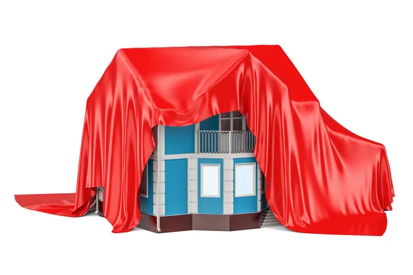 Rumah tertutup kain merah, konsep presentasi. Perender 3D — Stok Foto